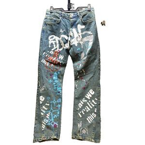 Boohoo Man Jeans Adult 32x30 Blue Denim Graffiti Button‎ Fly Hip Hop Punk Y2K